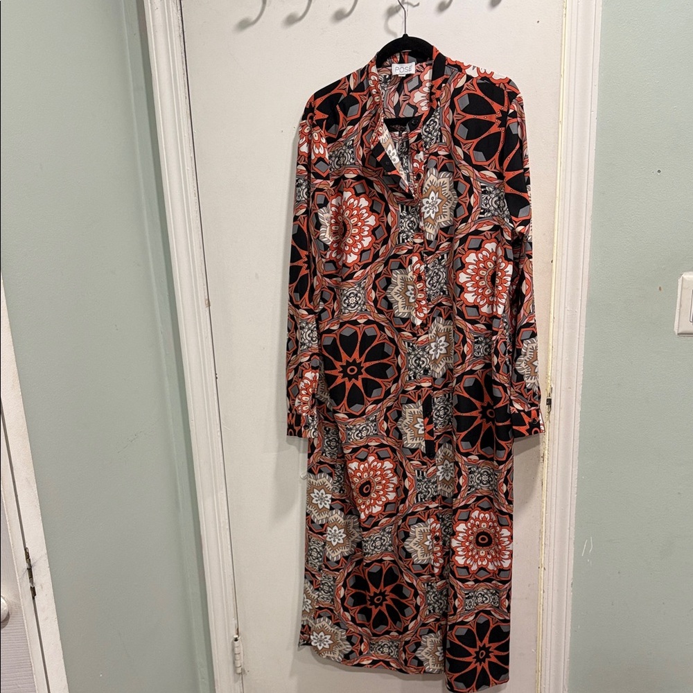 Chic Long Sleeve Patterned Dress in Black Red great white pink geometric pattern